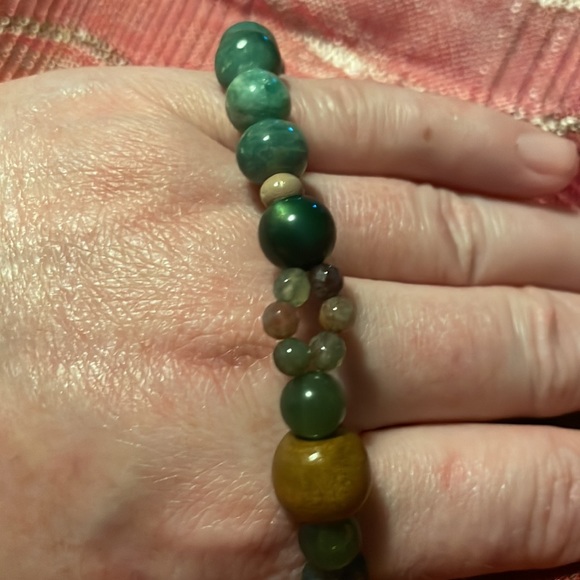 Handmade Bracelet w Upcycled & New Beads Jade Wood Metal Semiprecious Stones - Picture 3 of 4